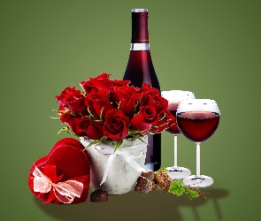Butelka, Róże, Bukiet, Kieliszki, Wino