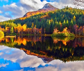 Jesień, Jezioro, Las, Góry, Kolorowe, Drzewa