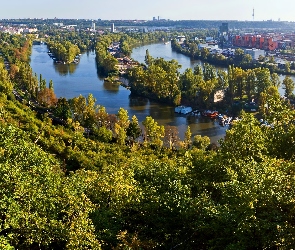 Miasto, Panorama, Drzewa, Rzeka