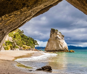 Skała, Plaża, New Zealand, Morze