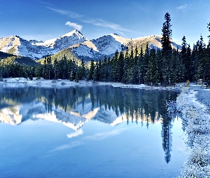Alberta, Kanada, Zima, Góry, Lasy, Droga, Jezioro Kananaskis