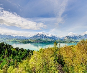 Góry, Jezioro, Niebo, Las, Chmury