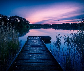 Świt, Poranek, Wiltshire, Anglia, Jezioro, Pomost