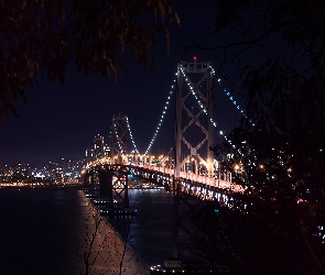 Noc, Drzewa, Oświetlony, San Francisco, Most Bay, Rzeka