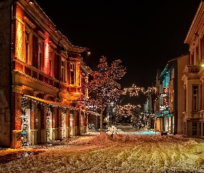 Miasto, Bożonarodzeniowe, Śnieg, Dekoracje, Nocą