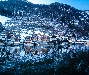 Góry, Drzewa, Domy, Jezioro, Austria