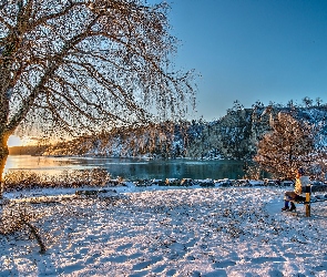 Kobieta, Ontario, Zima, Jezioro, Ławka