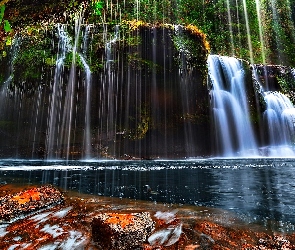 Skała, Lower Lewis River Falls, Wodospad, Stany Zjednoczone, Jesień, Drzewa, Stan Waszyngton, Rzeka