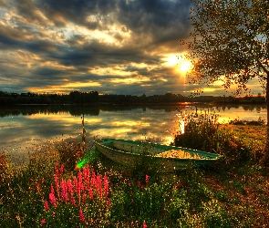 Jezioro, Zachód Słońca, Łódka