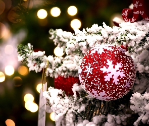 Boże Narodzenie, Dekoracje, Blask, Gałązki, Śnieg, Bombka