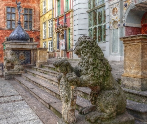 Gdańsk, Budynek, Lwy, Posągi, Kamienne, Dwór Artusa