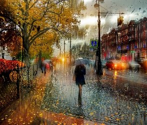 Jesień, Kobieta, Liście, Miasto, Deszcz, Parasol