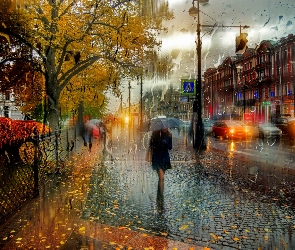Liście, Deszcz, Kobieta, Jesień, Parasol, Miasto