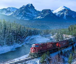 Pociąg, Świerki, Zima, Góry