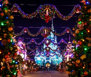 Disneyland, Miasto Nocą, Świąteczny Wystrój, Zamek