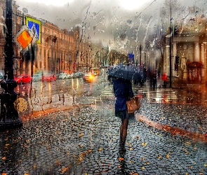 Deszcz, Parasol, Kamienice, Kobieta, Ulica