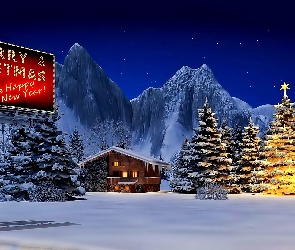 Góry, Zima, Grafika, Dom, Boże Narodzenie, Święta, Choinki