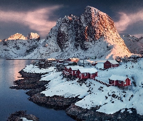 Norwegia, Zima, Wieś, Hamnoy, Góry