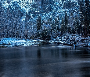 Rzeka, Góry, Stan Kalifornia, Drzewa, Zima, Stany Zjednoczone, Park Narodowy Yosemite