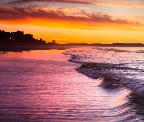 Morze, Zachód Słońca, Budynki, Plaża