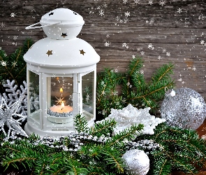 Gałązki, Bombki, Kompozycja, Boże Narodzenie, Lampion, Świeczka