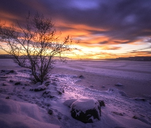 Norwegia, Wschód słońca, Śnieg, Zima
