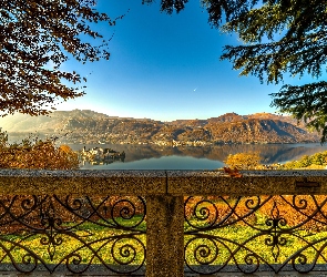 Krajobraz, Balustrada, Włochy, Jezioro Orta, Góry, Jesień