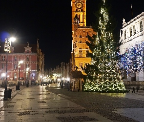 Miasto, Gdańsk, Latarnie, Noc, Kamienice, Choinka