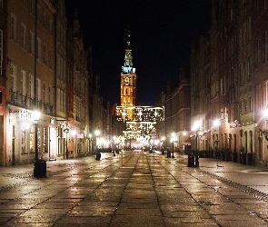 Miasto, Latarnie, Ulica, Noc, Gdańsk