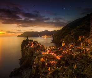 Vernazza, Zachód Słońca, Włochy, Wybrzeże, Cinque Terre