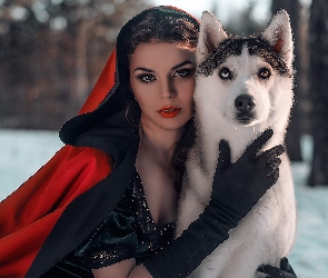 Kobieta, Husky, Peleryna, Pies, Czerwona