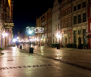 Miasto, Gdańsk, Latarnie, Ulica, Kamienice, Noc