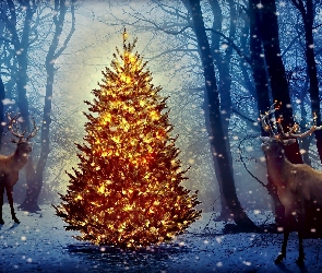 Boże Narodzenie, Śnieg, Jelenie, Choinka