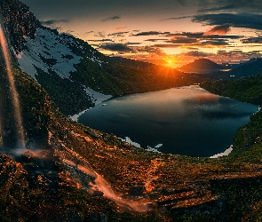 Zachód Słońca, Góry, Północna Norwegia, Jezioro