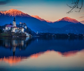 Słowenia, Góry, Bled, Jezioro, Kościół, Zamek