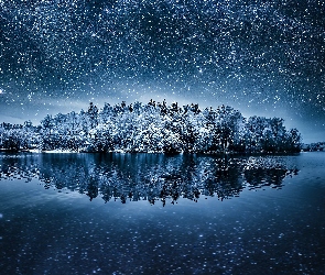 Gwiazdy, Noc, Rzeka, Zima, Drzewa, Niebo