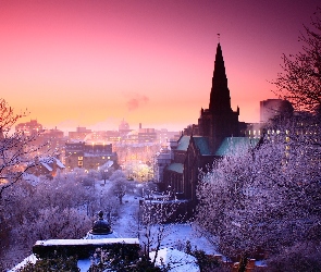 Zima, Kościół, Budynki, Szkocja, Glasgow, Drzewa, Wielka Brytania