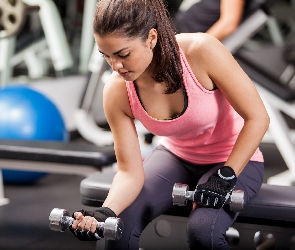 Sport, Fitness, Siłownia, Dziewczyna, Hantle, Ławeczka