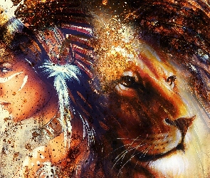 Indianka, Lew, Grafika, Fantasy
