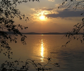 Drzewa, Słońca, Zachód, Góry, Jezioro