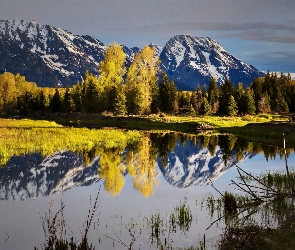 Śnieg, Drzewa, Jezioro, Góry