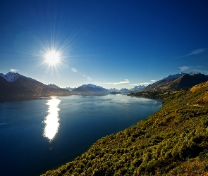 Jezioro, Promienie Słońca, Góry