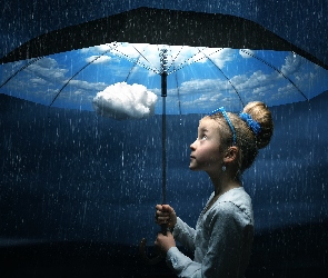 Parasol, Deszcz, Dziewczynka, Obłoki