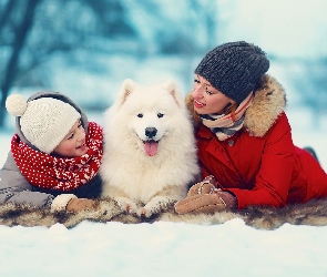 Kobiety, Dwie, Biały, Zima, Pies, Samojed