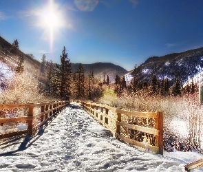 Zima, Góry, Słońca., Most, Promienie, Las