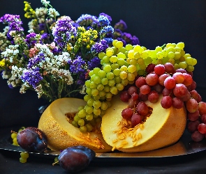 Melon, Kompozycja, Śliwki, Bukiet Kwiatów, Winogrona