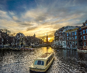 Amsterdam, Holandia, Słońca, Statki, Rzeka, Wschód, Domy