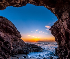 Skały, Zachód, Jaskinia, Oceanu, Malibu, Wybrzeże, USA, Słońca