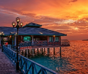 Restauracja, Malediwy, Słońca, Ocean, Zachód, Wyspa