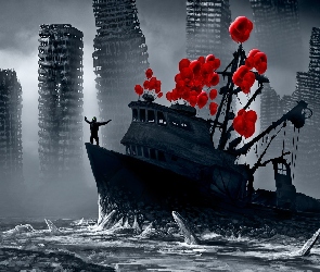 Apokalipsa, Balony, Postać, Czerwone, Statek